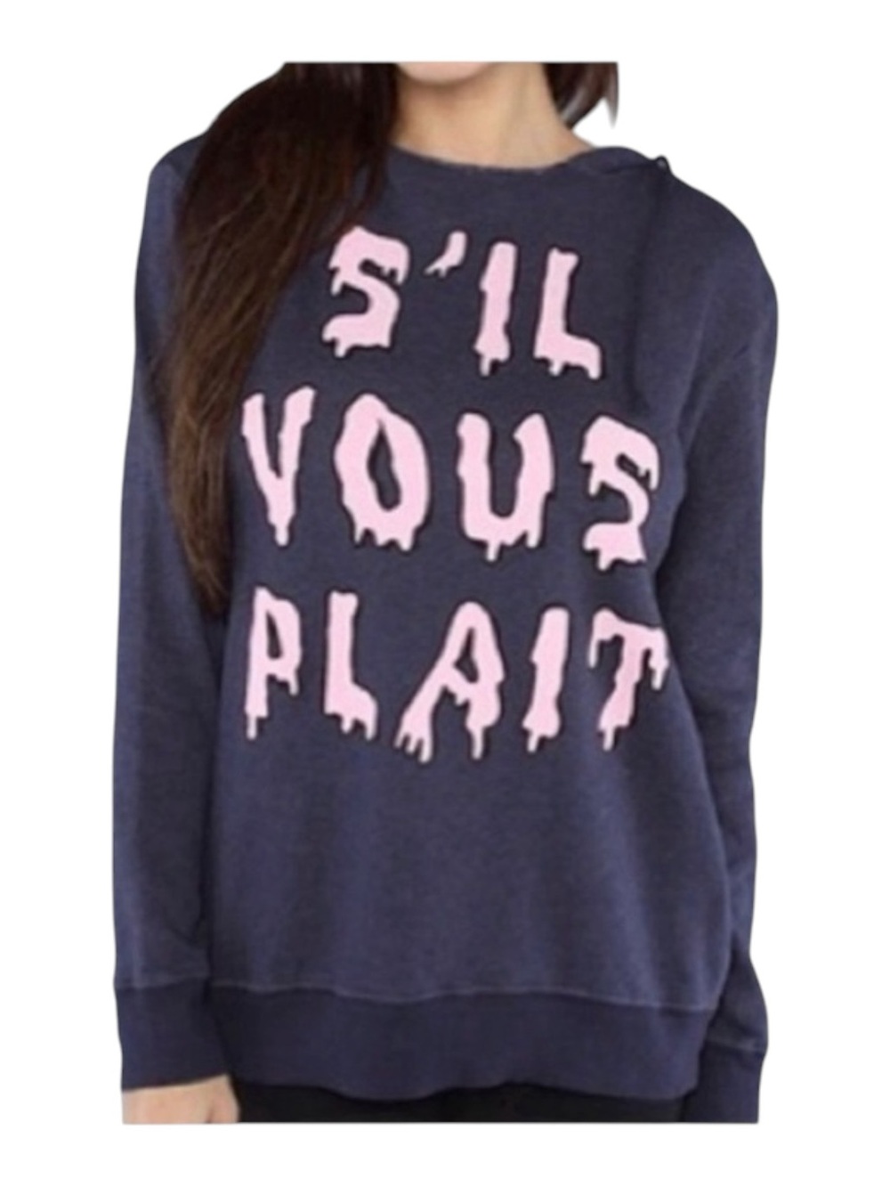 Y2K: OG Wildfox ☻︎ S’il Vous Plait Melted Letters Pullover Hoodie ☻︎ Navy Blue - Picture 4 of 16
